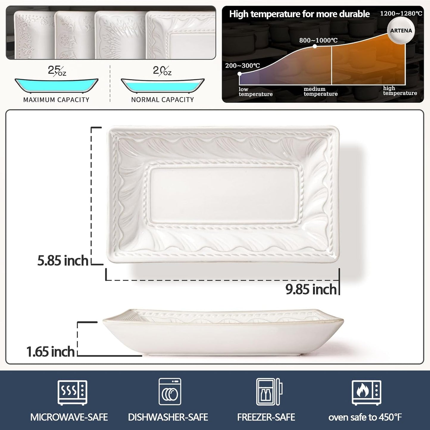 Artena 9.85" Ceramic Rectangle Plates Set of 4 - Deep Lipped Edges, Appetizer Salad Sushi Pasta Dessert Plates, Microwave/Oven Safe, Cute Kitchen Dinner Restaurant Serving Dishes (Wheat Leaf)