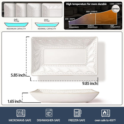 Artena 9.85" Ceramic Rectangle Plates Set of 4 - Deep Lipped Edges, Appetizer Salad Sushi Pasta Dessert Plates, Microwave/Oven Safe, Cute Kitchen Dinner Restaurant Serving Dishes (Wheat Leaf)
