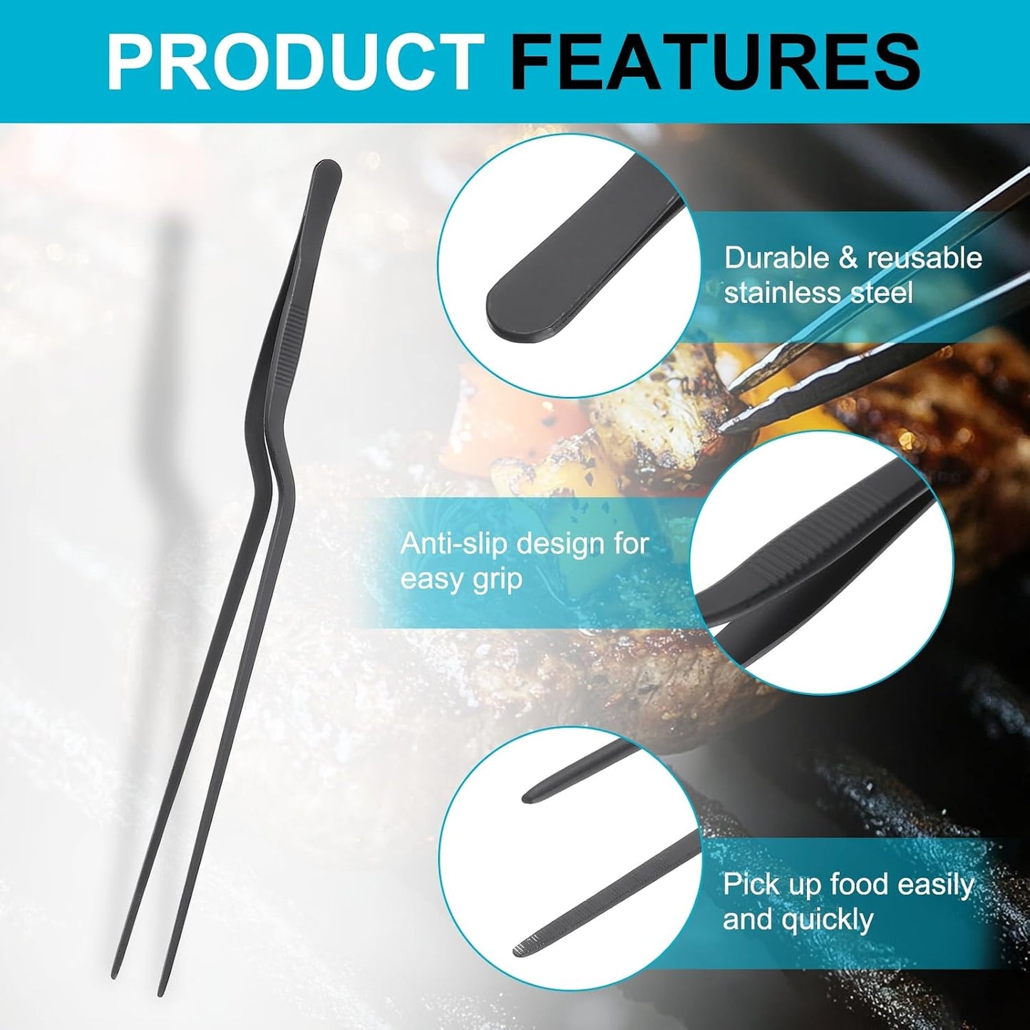 uxcell Kitchen Tweezers Stainless Steel, 10 Inch Food Tongs Fine Cooking Tweezers Set Extra-Long Tweezer Tongs for Cooking Grill Baking BBQ, Black Clip