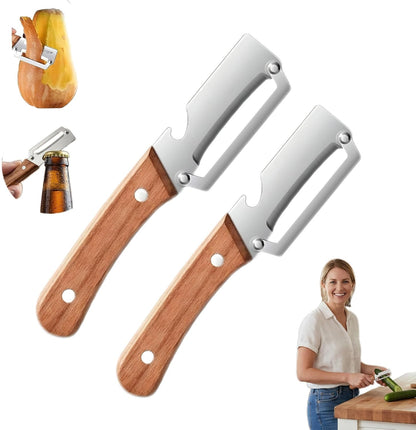 Multi-Functional Vegetable Peeler for Kitchen, 3-in-1 Stainless Steel Kitchen Tool, Wide-Cut Design with Wooden Handle and Bottle Opener, Suitable for Potatoes, Carrots, and Squash (2 PCS)