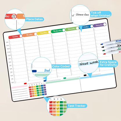 POPRUN Dry Erase Weekly Calendar Whiteboard, Magnetic Hourly Schedule Board | 16.9 x 11" Weekly Planner for Fridge, Time Slots, Family Daily Planning for Refrigerator, Homeschool, Work