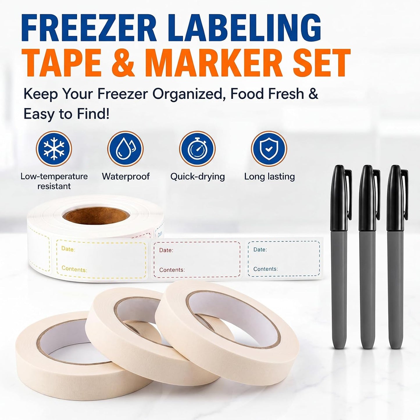 Resurhang Freezer Label Kit for Food Storage Includes 500 Pcs Waterproof Removable Food Labels 3/4 Inch x 55 Yd, 3 Rolls Masking Tape, 3 Marker Pens for Kitchens Refrigerator Meal Prep(White)