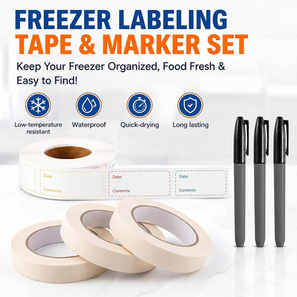 Resurhang Freezer Label Kit for Food Storage Includes 500 Pcs Waterproof Removable Food Labels 3/4 Inch x 55 Yd, 3 Rolls Masking Tape, 3 Marker Pens for Kitchens Refrigerator Meal Prep(White)