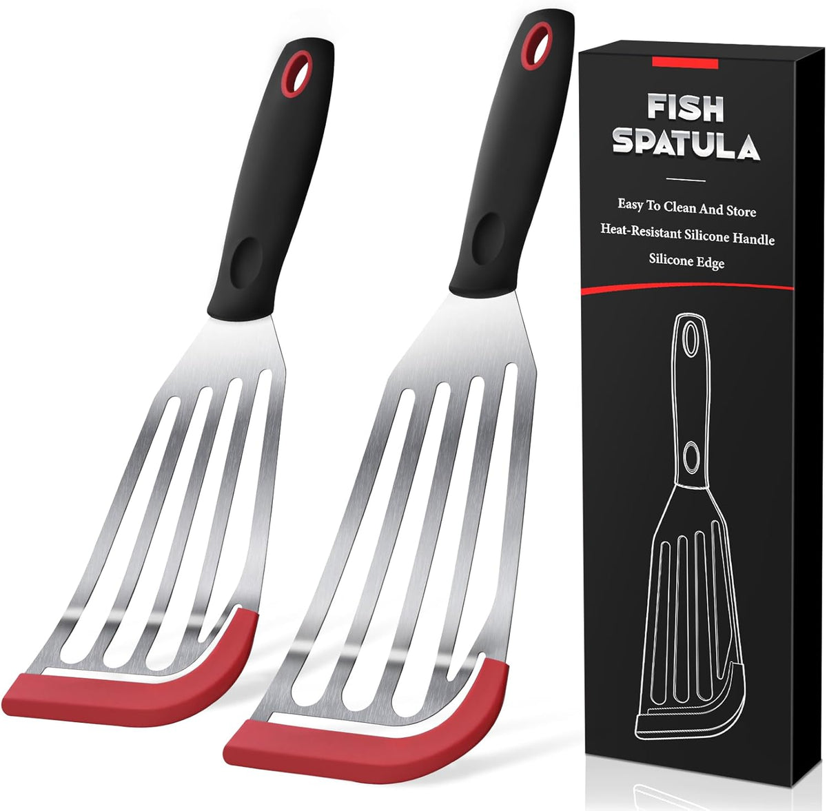 Silicone Fish Spatula, Heat Resistant Silicone Edge for Nonstick Cookware, Fish Turner for Kitchen Use, Flexible and Thin Stainless Steel Cooking utensils, Perfect Slotted Spatula for Egg, Pancake