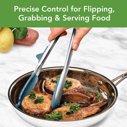 Tovolo Tongs With Silicone Tips Easy Grip 13” Long Kitchen Tongs Stainless Steel Handle For Cooking BBQ, Non Scratch Heat Resistant Locking Metal Silicone Tipped Dishwasher Safe BPA Free, Black