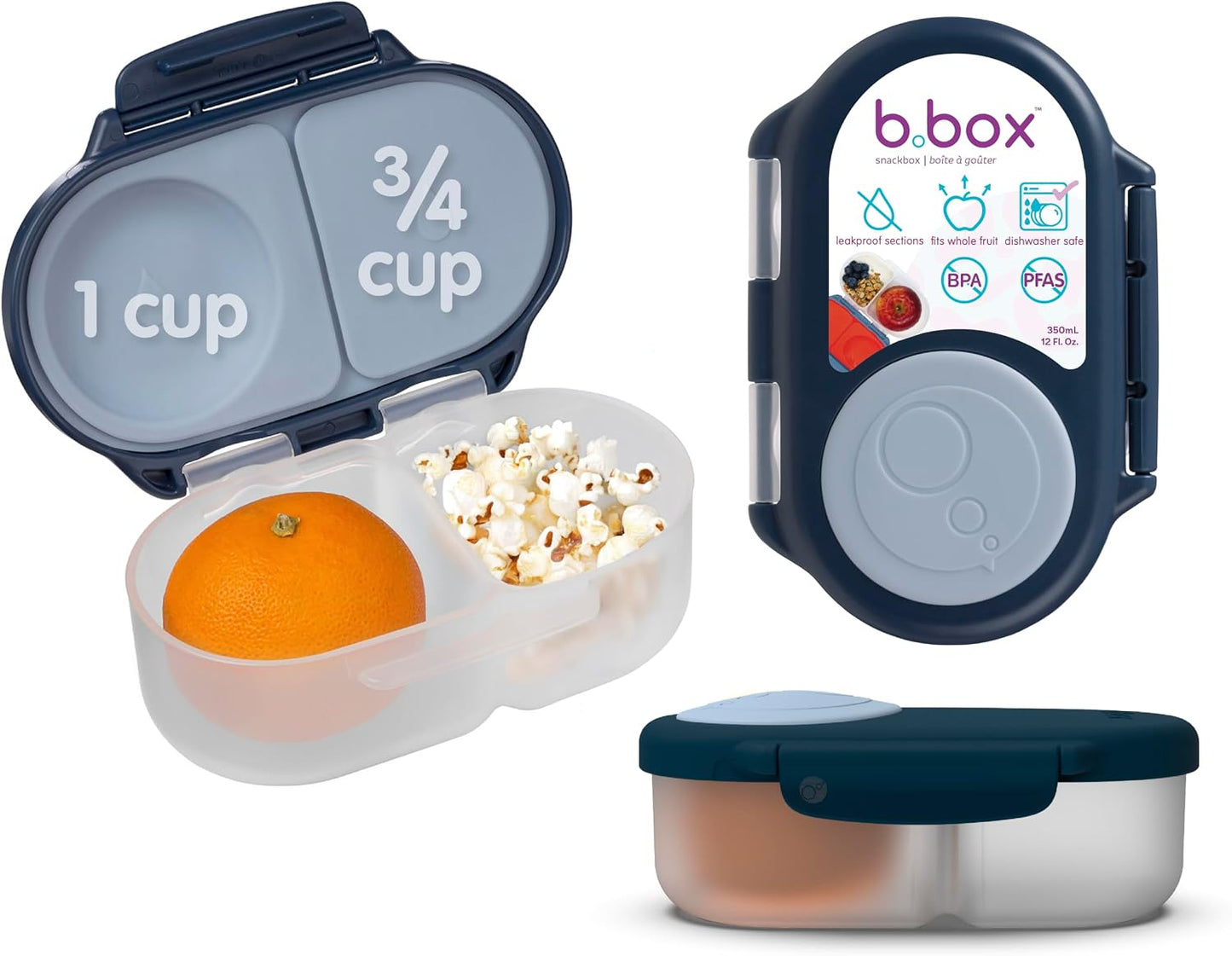 b.box Snack Box 2-Pack - Leak Proof Mini Bento Box for Kids & Toddlers, 2 Compartment Snack Containers for Kids, Dishwasher Safe, BPA-Free, PFAS-Free, Ages 4mo+, 1 3/4 Cup Each (Strawberry + Lilac)