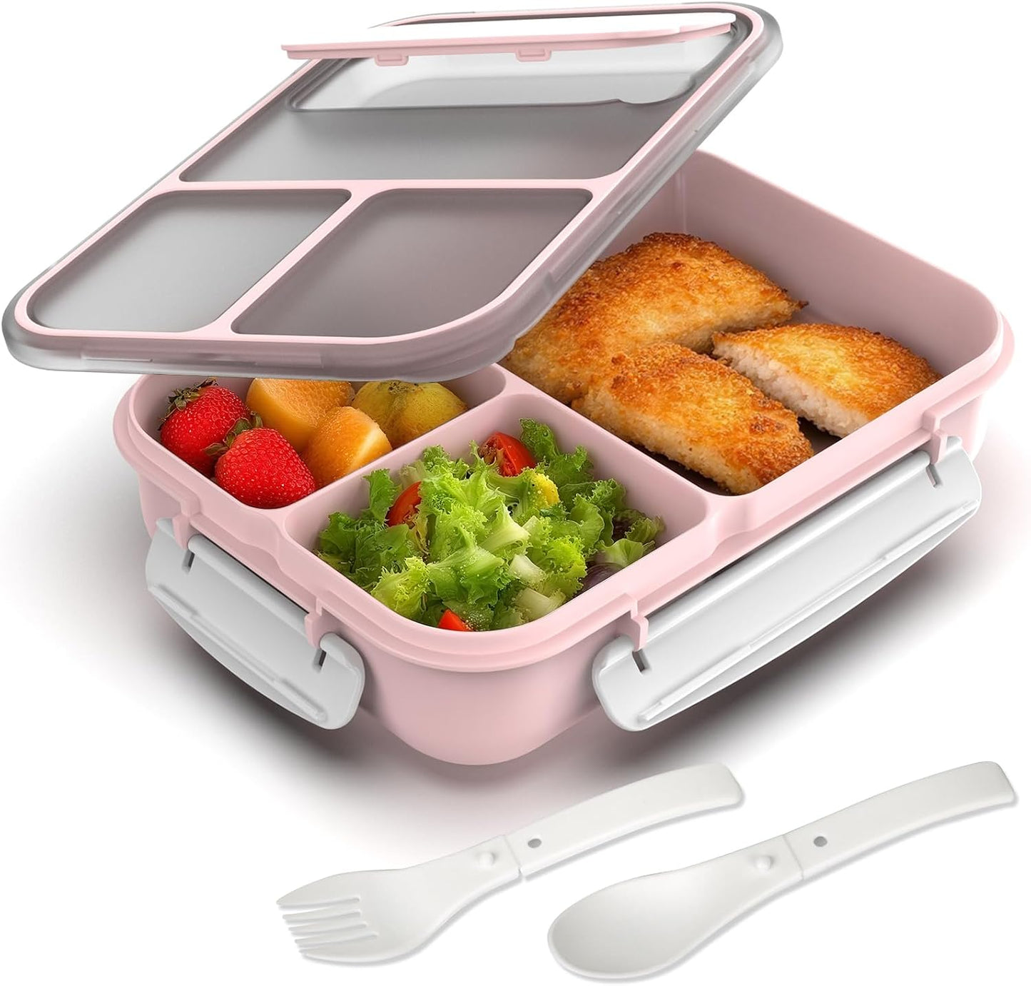WHALEHOUSE Bento Lunch Box, 1300ML 4 Compartments Meal Prep Container with Utensil, Airtight Food Storage Container with Snap Locking Lids, Microwave/Dishwasher/Freezer Safe, On the Go