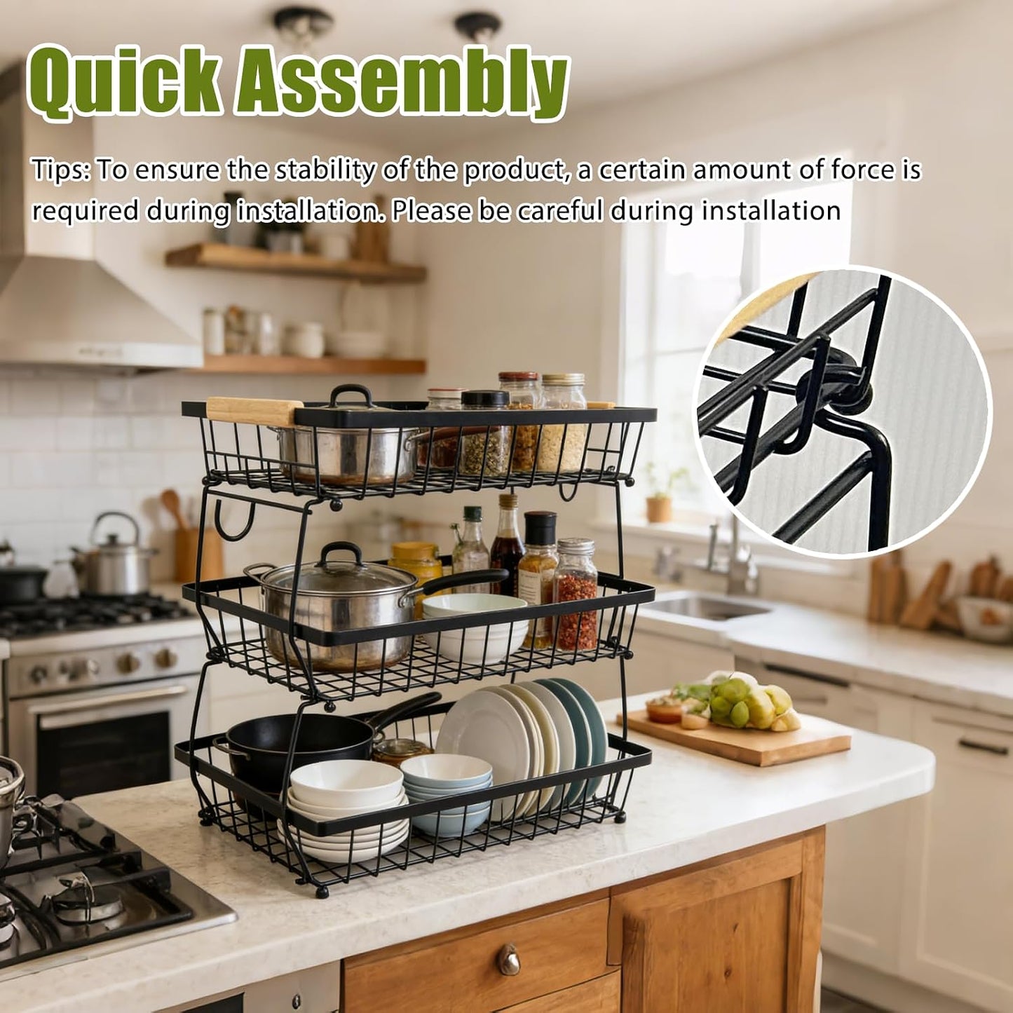 2 Tier Fruit Basket for Kitchen Counter, Large Fruit Holder with 2 Banana Hooks, Detachable Metal Fruit Stand with Wooden Handle, Kitchen Storage Cart,Vegetable Basket, Snack Rack