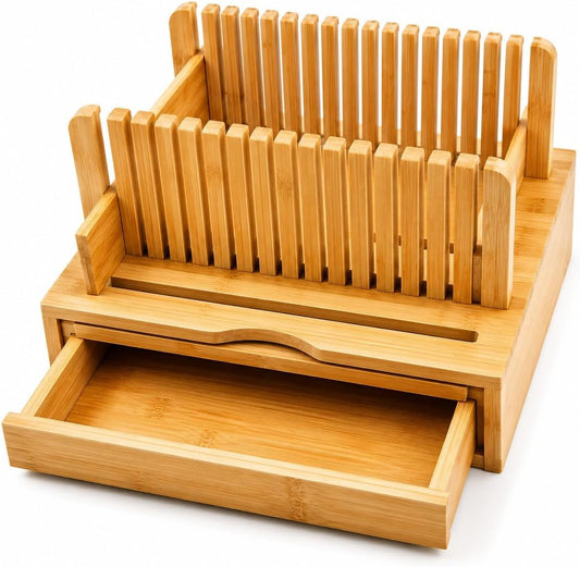 Bamboo Bread Slicer with Crumb Catcher Tray, Adjustable Slicing Guide and Knife Storage Drawer - Even Slice Loaf Cutter