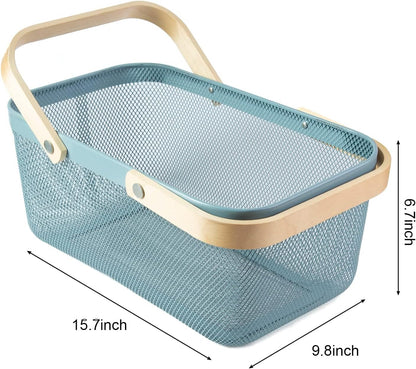 Portable Garden Harvest Basket-Mesh Design Natural Bamboo Handle Wire Storage Baskets,Mesh Basket with Handle Organize Items Reduce Space Occupation,Suitable for Kitchen,Garden,Picnic(Black)