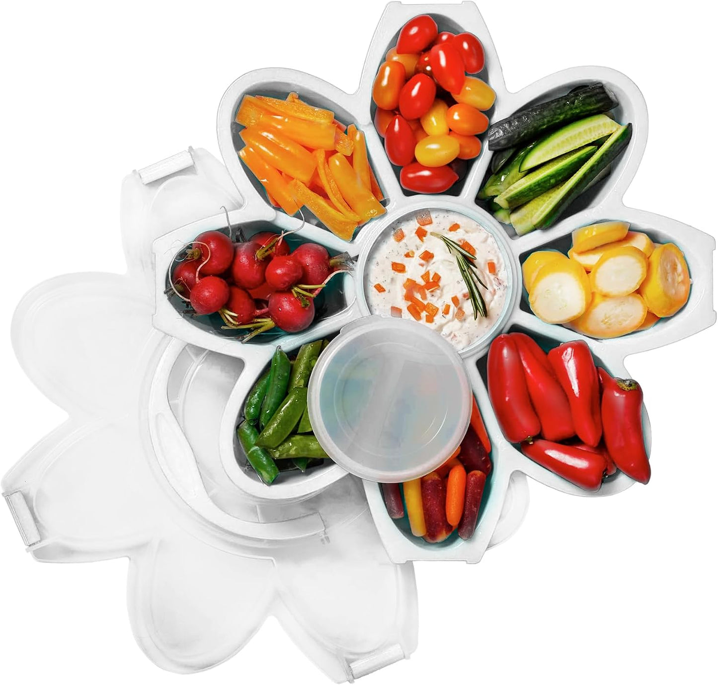 KOLORAE Flower Snack Serving Tray - 9 Compartment Party Platter with Dressing Cup for Chips and Dip, Fruits and Veggies - Game Day & Summer Entertaining Tray