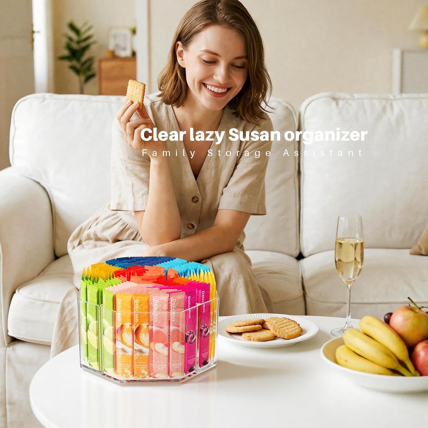 2 Pack Lazy Susan Organizer, 9 inch Rotating Storage Organizer with 4 Removable Bins, Lazy Susan Turntable Organizer for Fridge, Kitchen, Vanity, Cabinet