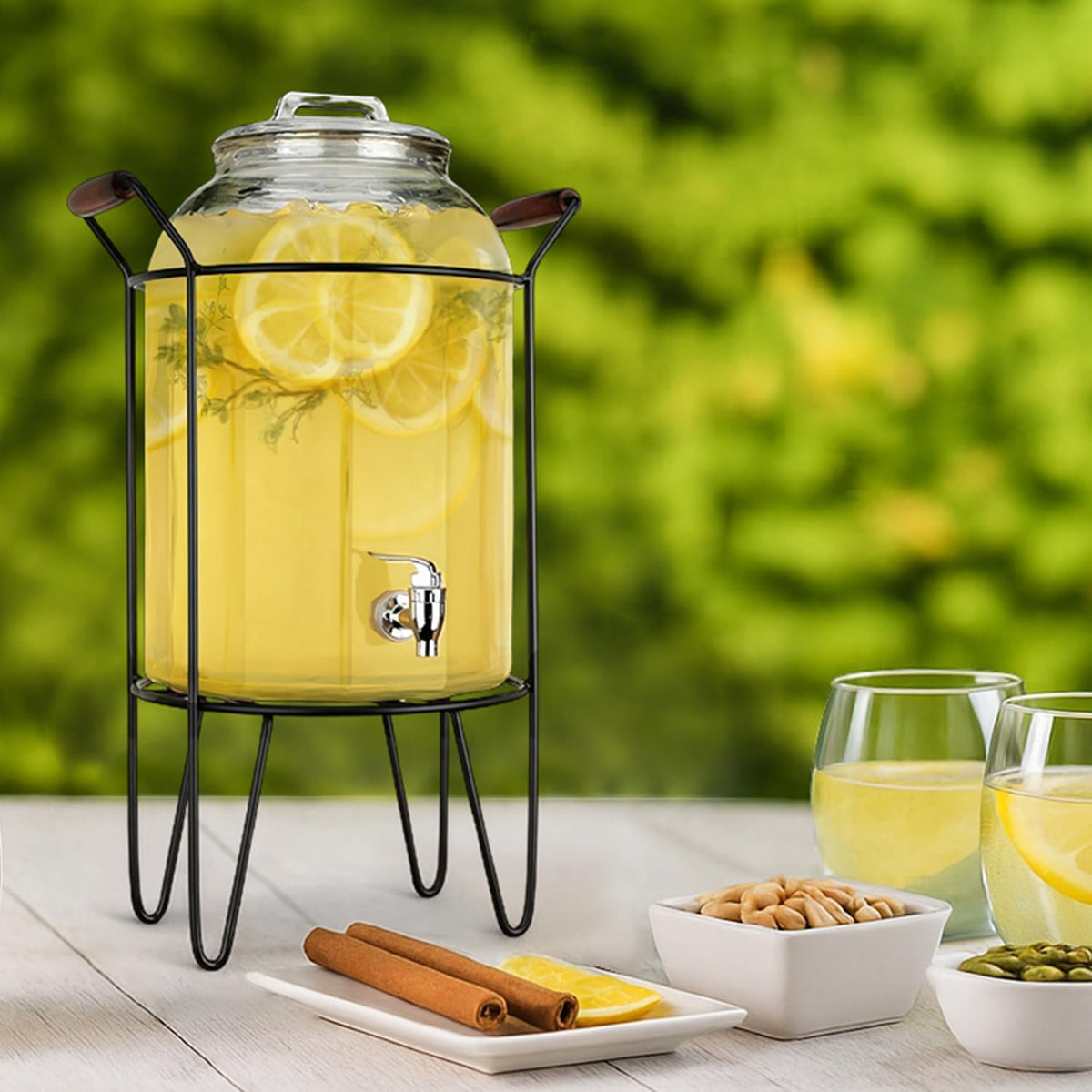3 Gallon Classic Ice Cold Clear Glass Mason Jug Drink Beverage Dispenser Durable On Galvanized Stand With Leak Free Spigot-Easy Filling For Outdoor, Parties & Daily Use Lid