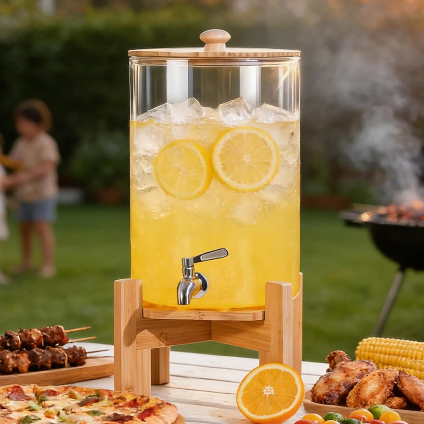 MOBYKE 2.2 Gallon Drink dispenser, Large Water Glass Beverage Dispenser With Wood Stand for Parties With Stainless Steel Spigot, Ideal for Lemonade,Juice, Tea, and Party Drinks
