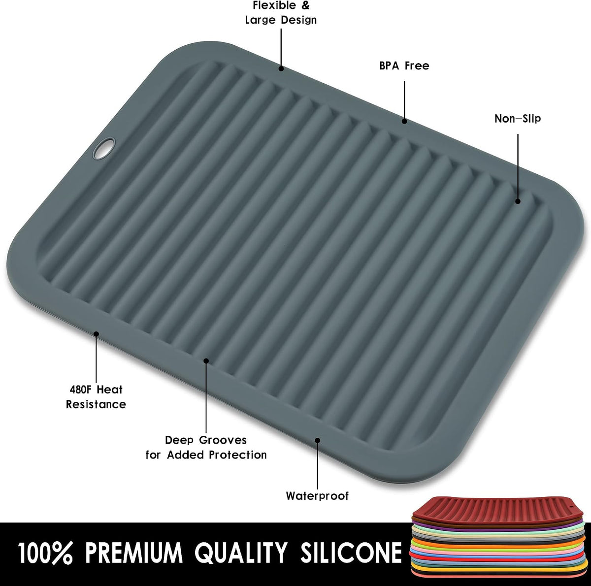Silicone Hot Pads for Kitchen, Trivets for Hot Pots and Pans, Multi-Purpose Trivets for Quartz Countertops, Non Slip Trivet Mat, Silicone Mats for Kitchen Counter Pot Holders Set 2 Black
