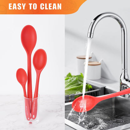3 Pcs Silicone Spoons Set of 7.9 10.6 14.2 inch for Cooking, Heat Resistant Kitchen Spoons for Mixing, Stirring, and Serving, Small to Large Non Stick (Green)