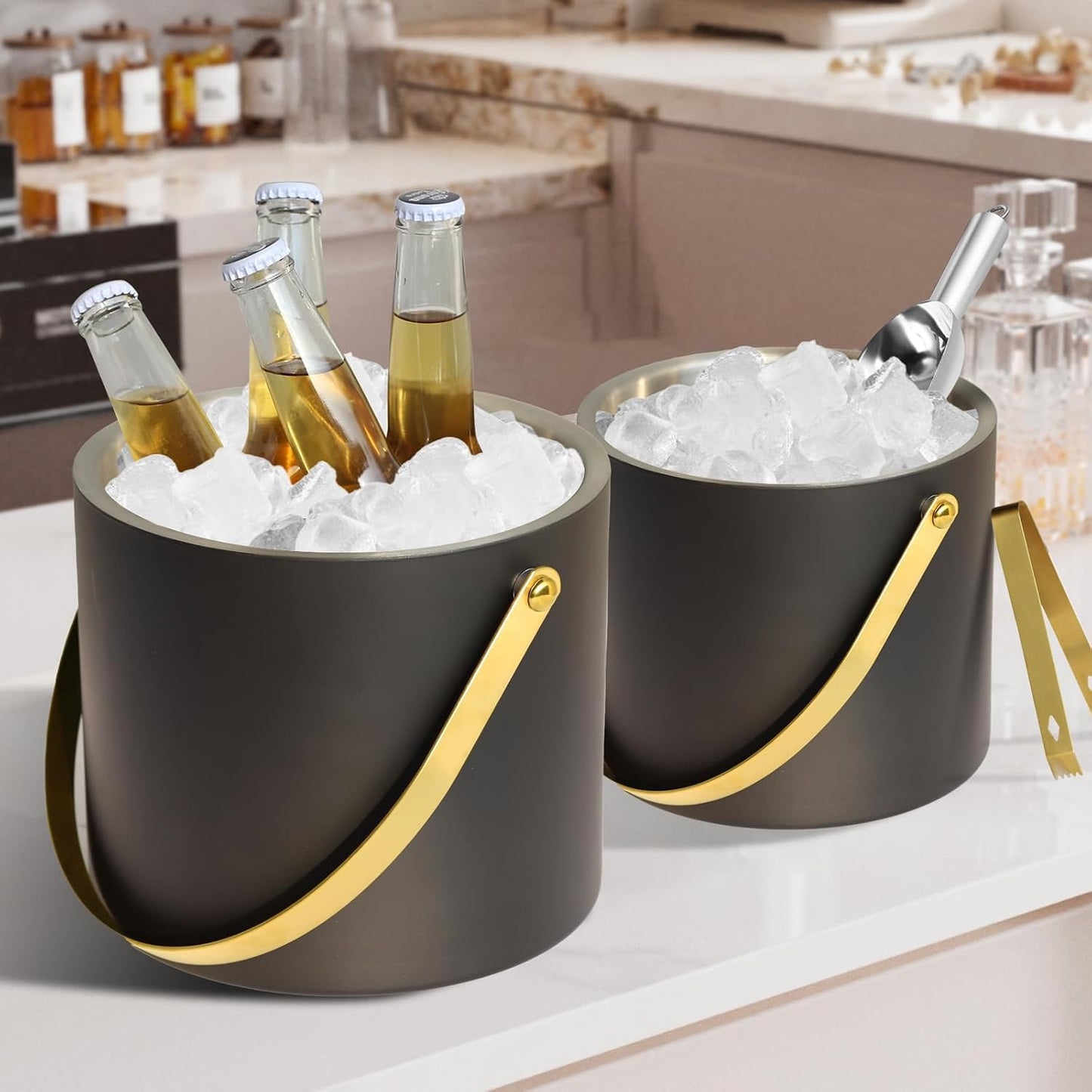 Bakpoco Insulated Ice Bucket with Silicone Lid, Scoop, Tongs & Strainer, 3L Stainless Steel Double Wall Ice Buckets for Parties & Cocktail Bar, Champagne Ice Bucket with Lid for Freezer, Ivory