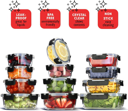 EATEX 48pc Glass Storage Containers with Lids, 24 Set Glass Food Storage Containers with 24 Airtight Lids, Pantry Kitchen Meal Prep Containers for Lunch, Freezer Storage Containers, Dishwasher Safe