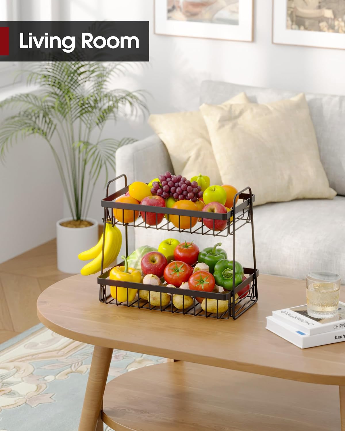 Sakugi Fruit Basket for Kitchen Counter - 2-Tier Fruit Bowl with Removable Banana Hanger & Handles, Rustproof Fruit Holder for Kitchen, Living Room, Bathroom, 13.4"×8.7"×11.7", Black