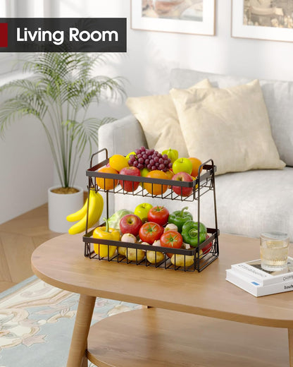 Sakugi Fruit Basket for Kitchen Counter - 2-Tier Fruit Bowl with Removable Banana Hanger & Handles, Rustproof Fruit Holder for Kitchen, Living Room, Bathroom, 13.4"×8.7"×11.7", Black