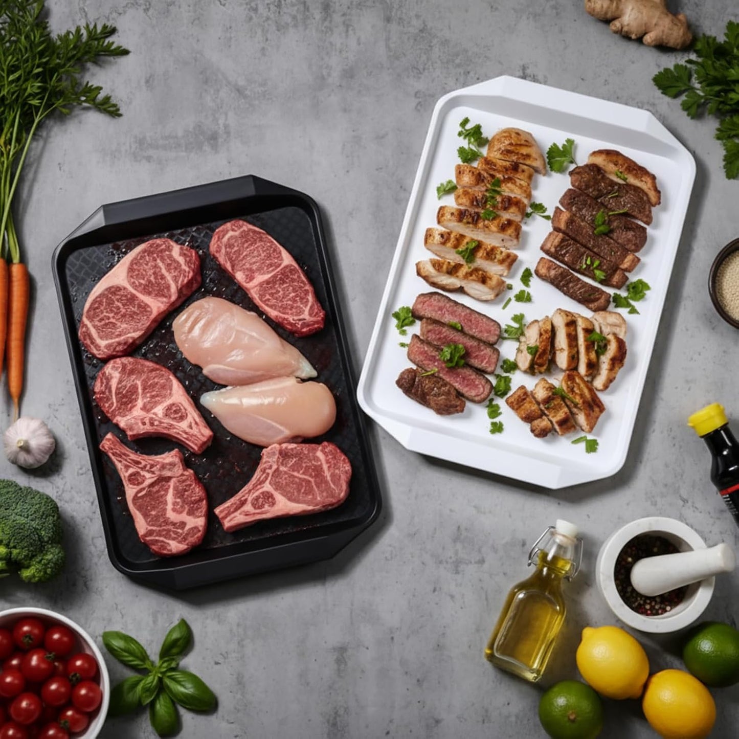 DoubleFill Set of 4 Grilling Prep and Serve Trays, 17x12 Inch 14x10 Inch Large BBQ Platter for Raw and Cooked Food Plastic Grill Tray, Black and Red Stackable Defrosting Grill Prep and Carry System