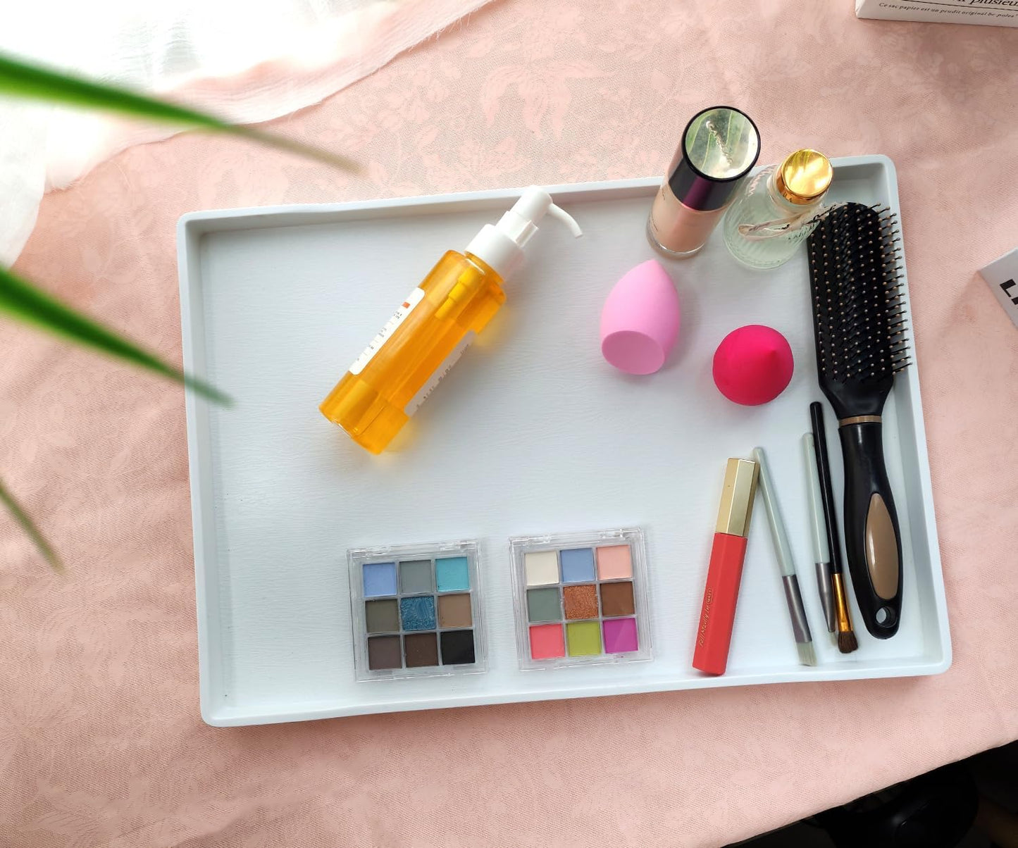 White Serving Tray (13.5 x 9.6 inch) for Serving Accessory, Elegant & Stackable Plastic Tray for Spa, Coffee, Drinks, Tea, Bar, Party, Seasoning, Perfume and Display Use.