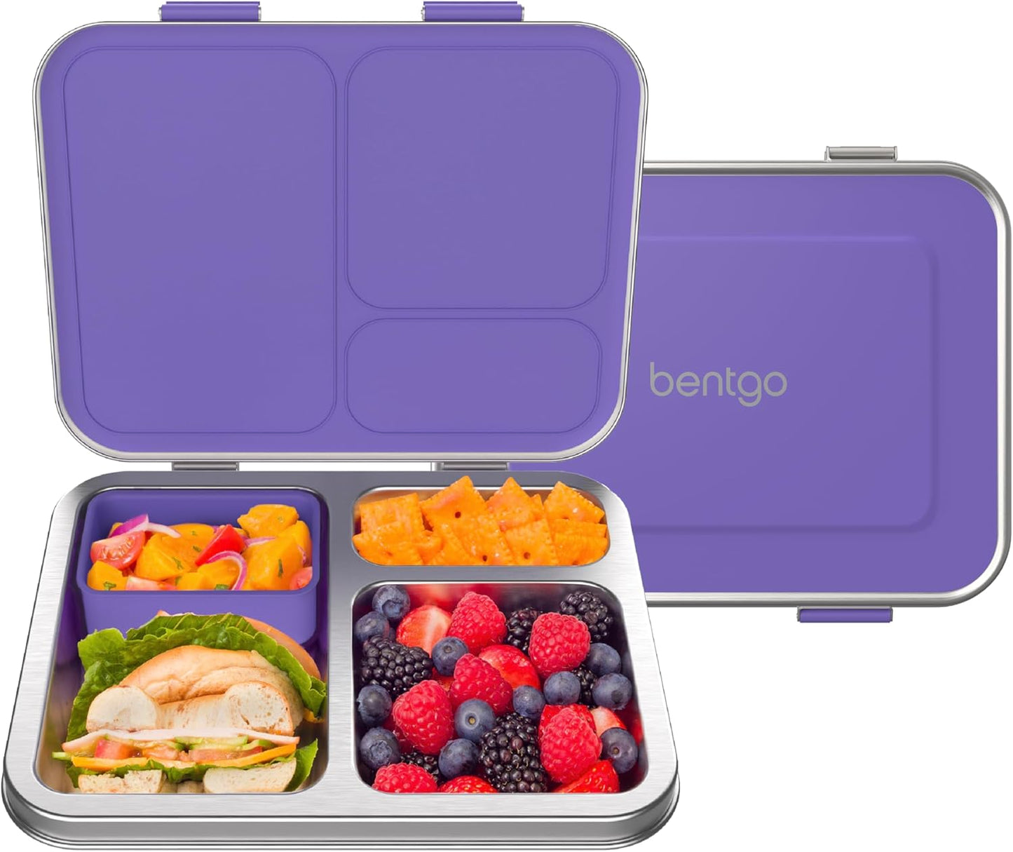 Bentgo Kids Stainless Steel Leak-Resistant Lunch Box - 3-Compartments with Bonus Silicone Container, Durable, Eco-Friendly, Dishwasher Safe, BPA-Free, Ideal for School, Ages 3+ (Silver)