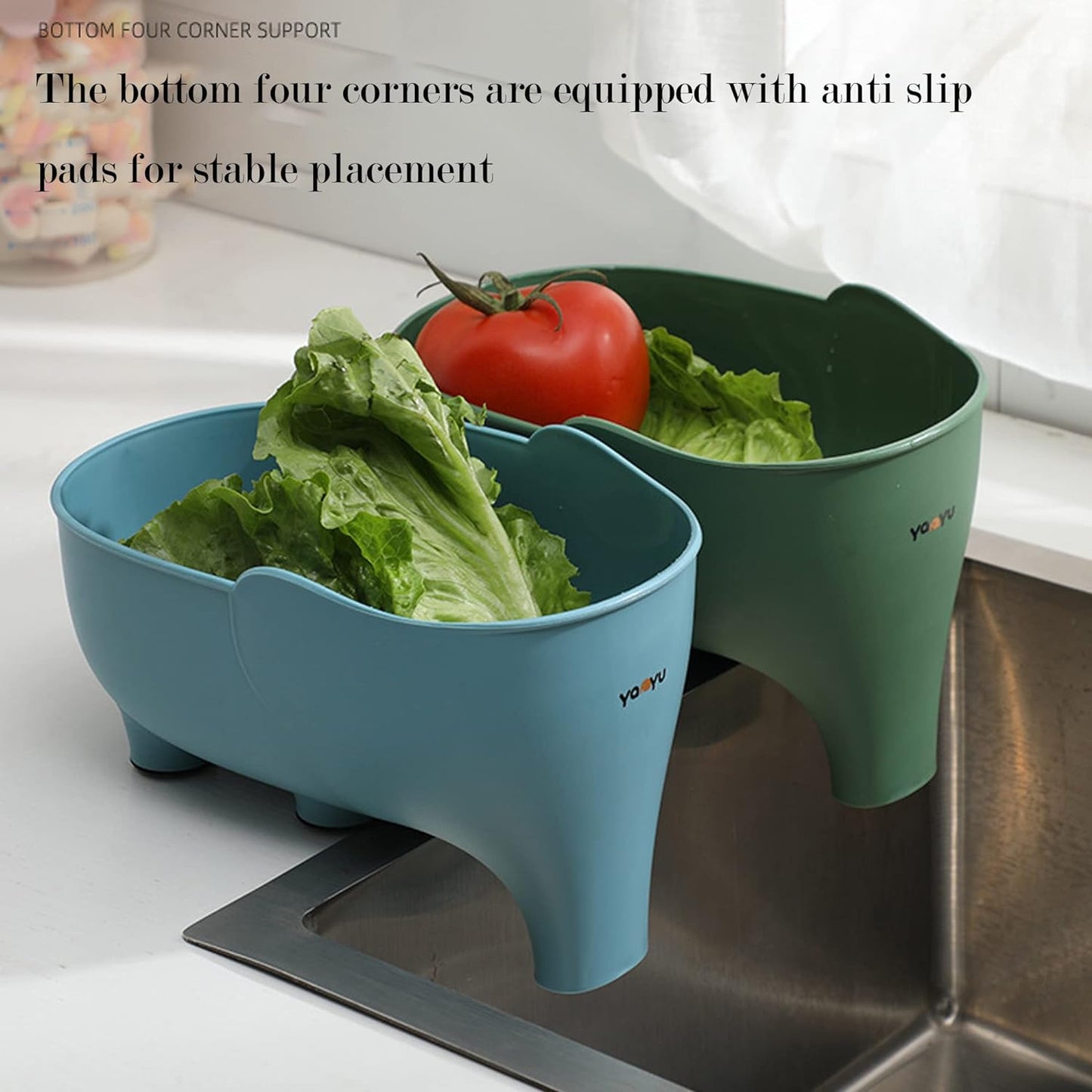 2PCS Vegetables Washing Basket Elephant Drainage Basket Fruit Basket for Draining Pasta Noodles Kitchen, PP Material, 22x14x10cm (Blue & Gray)
