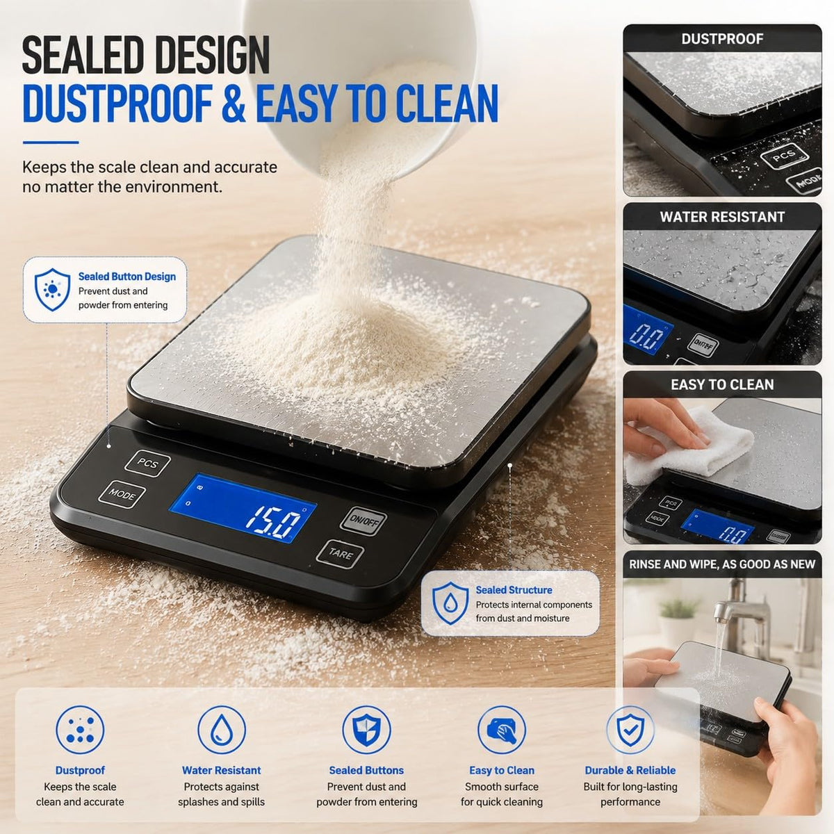 Waterproof Digital Kitchen Scale 0.1g/0.001oz Precision, Stainless Steel Electronic Scale with 3 Power Options (Rechargeable/AAA/Built-in), 10 Units Conversion, Smart Standby, 5kg/11lb Capacity