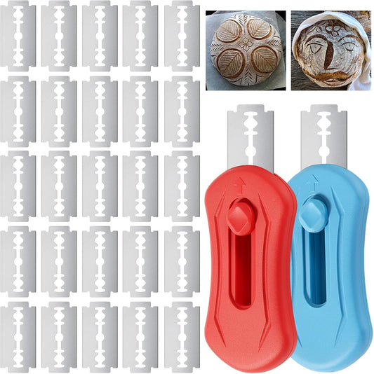SUMAJU Bread Knives 2 Pcs Bread Lame Dough Scoring Tool with 20 Stainless Razor Blades Red Blue Handle for Sourdough Baguette Home Baking