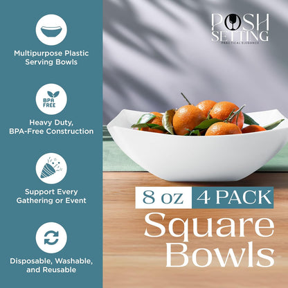 Posh Setting - White Plastic Square Serving Bowls for Party (16oz - 4 Pack), Disposable & Candy Containers for Party Table & Buffet