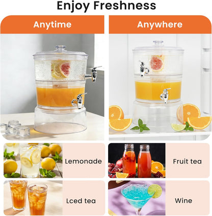 LISI 2-Tier Beverage Dispenser, 2 Gallon Stackable Drink Dispenser with Stand Ice Cores & Infusers, BPA-Free Clear Plastic Double Beverage Server for Parties, Events & Home Use