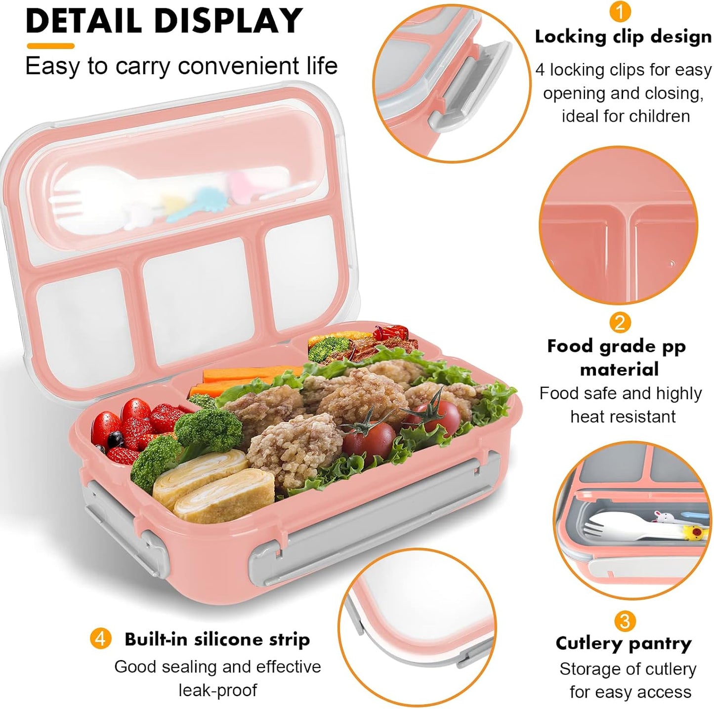 Yumuk Bento Box Adult, Lunch Box Containers for Adults Men Women, 5 Cup Bento with 4 Compartments &Spork &Sauce Box, Leak-Proof, Microwave/Dishwasher Safe(Beige)