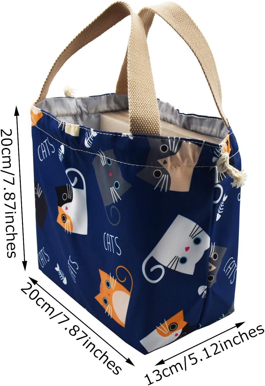 enyuwlcm Mini Lunch Tote Pouch Reusable Small Cute Lunch Bag with Drawstring Suitable for Girls Women Cat Blue