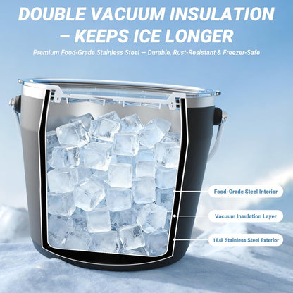 Luxfuel Insulated Beverage & Ice Bucket with Lid - Stainless Steel, Includes Scoop & Tongs, Holds 6 Longnecks or 3 Wine Bottles, Keeps Ice for Hours, Portable Handle for Parties & Outdoors (7.5L)