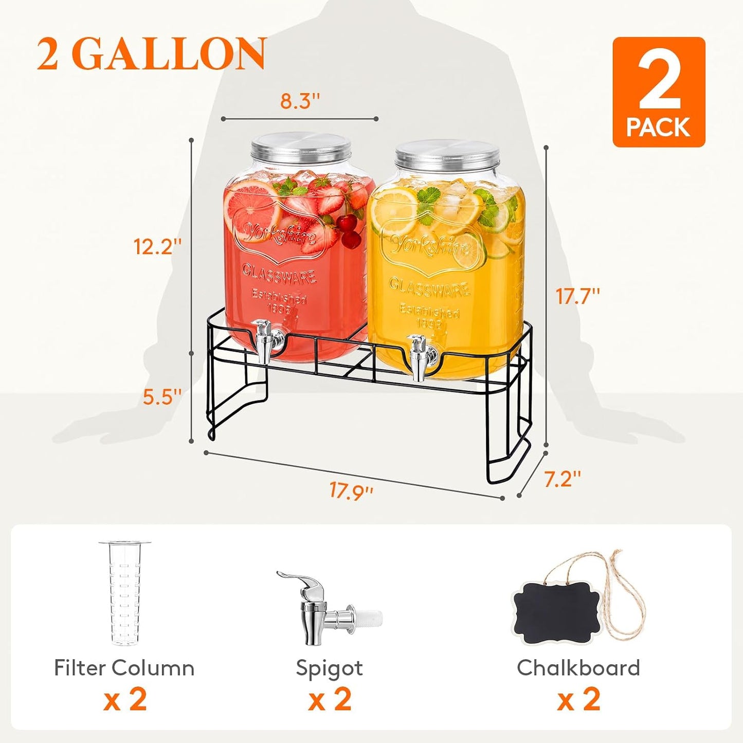 Lifewit 2 Gallon Glass Drink Dispenser for Parties, Beverage Container with Stand for Juice/Tea/Soda & Lemonade, Water Pitcher with Leakproof Spigot for Mimosa Bar, Birthday, Wedding Hosting, 2 Pcs