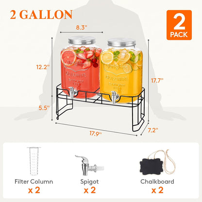 Lifewit 2 Gallon Glass Drink Dispenser for Parties, Beverage Container with Stand for Juice/Tea/Soda & Lemonade, Water Pitcher with Leakproof Spigot for Mimosa Bar, Birthday, Wedding Hosting, 2 Pcs