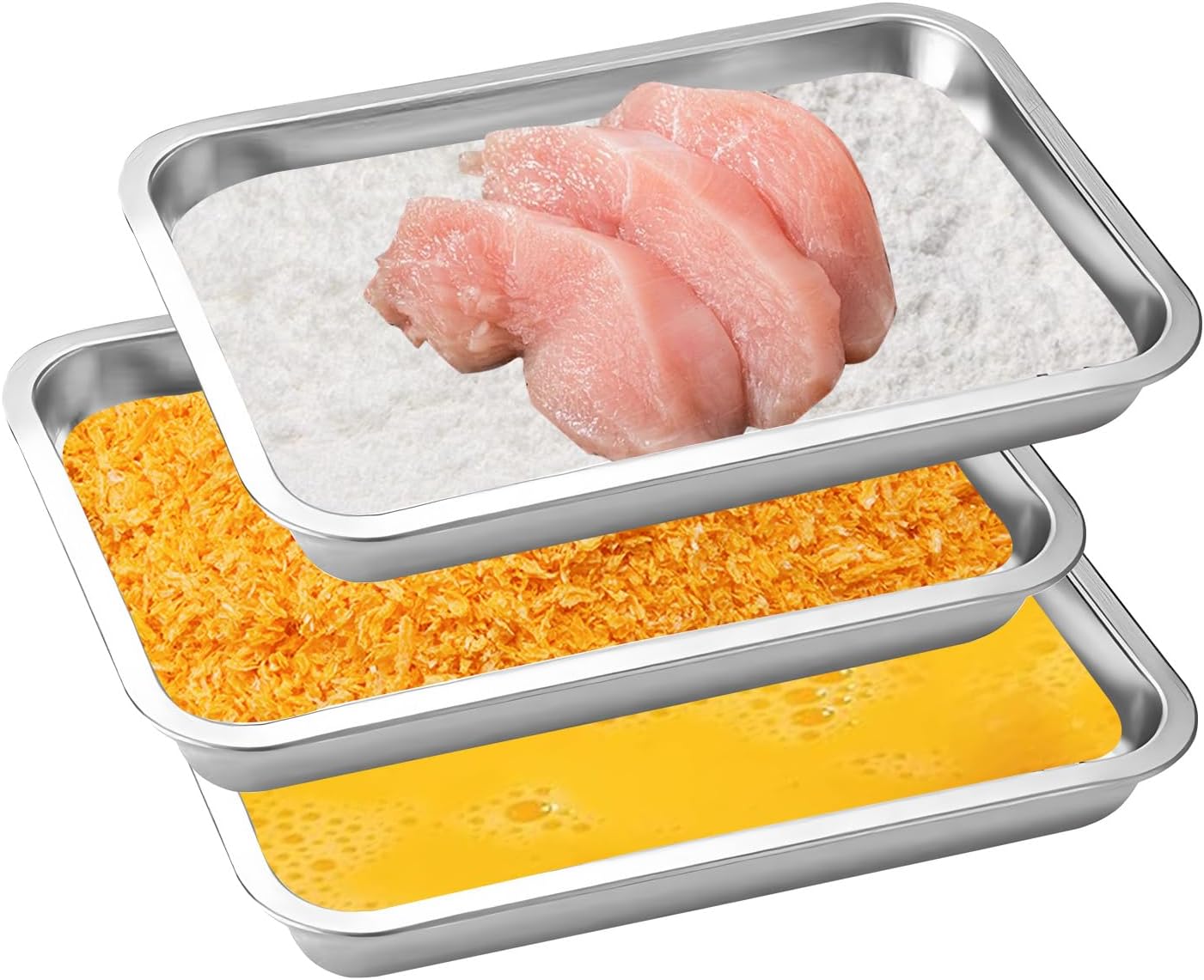 3Pcs Stainless Steel Breading Trays Set, Breading Dishes for Chicken Breasts, Marinating Meat and Prepping Meals (10.4" x 7.7" x 1.9")
