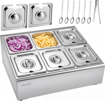 VEVOR Chilled Condiment Server Caddy, 5 Compartment Ice Cooled Serving Container, Plastic Fruit Garnish Tray Platter with Lid, for Taco Salad Bar Accessories, Party Home Restaurant Supplies