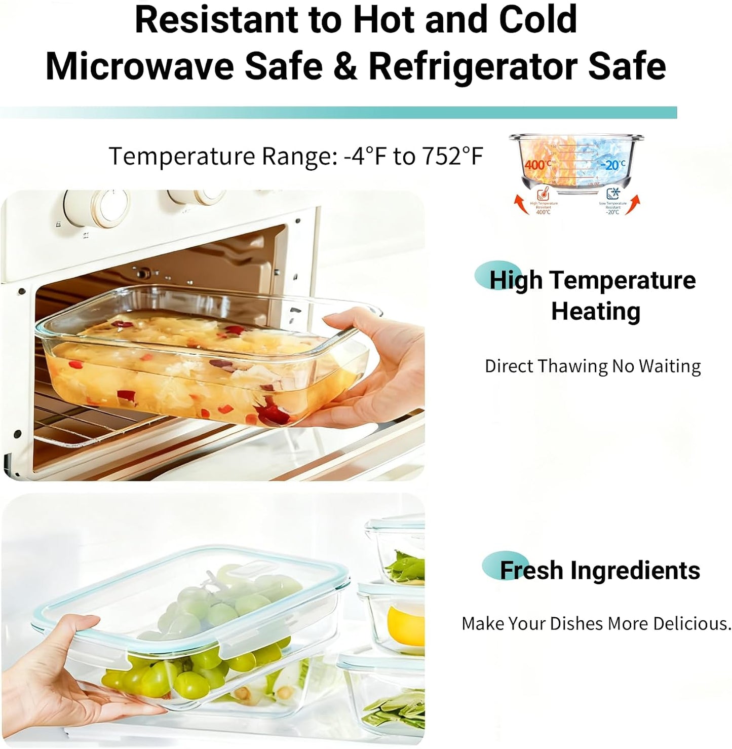 UNITED FLAMES 8-Piece Glass Food Storage Containers with Airtight Lids - High Borosilicate Glass Meal Prep Set - Oven, Microwave, & Freezer Safe - Leak-Proof Lunch Boxes for Kitchen, Office & Pantry