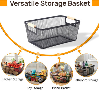 2-Pack Metal Mesh Basket, Large Wire Storage Organizer with Wood Handle for Kitchen Pantry, Bathroom, Cabinet, Closet, Picnic & Home Organization, Large, Black