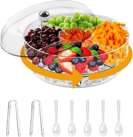 Chilled Serving Tray, Rotating Snack Tray with Lid, Chilled Veggie Tray Clear Fruit Trays for Serving for Party, Snack Box for Shrimp Sushi Appetizer