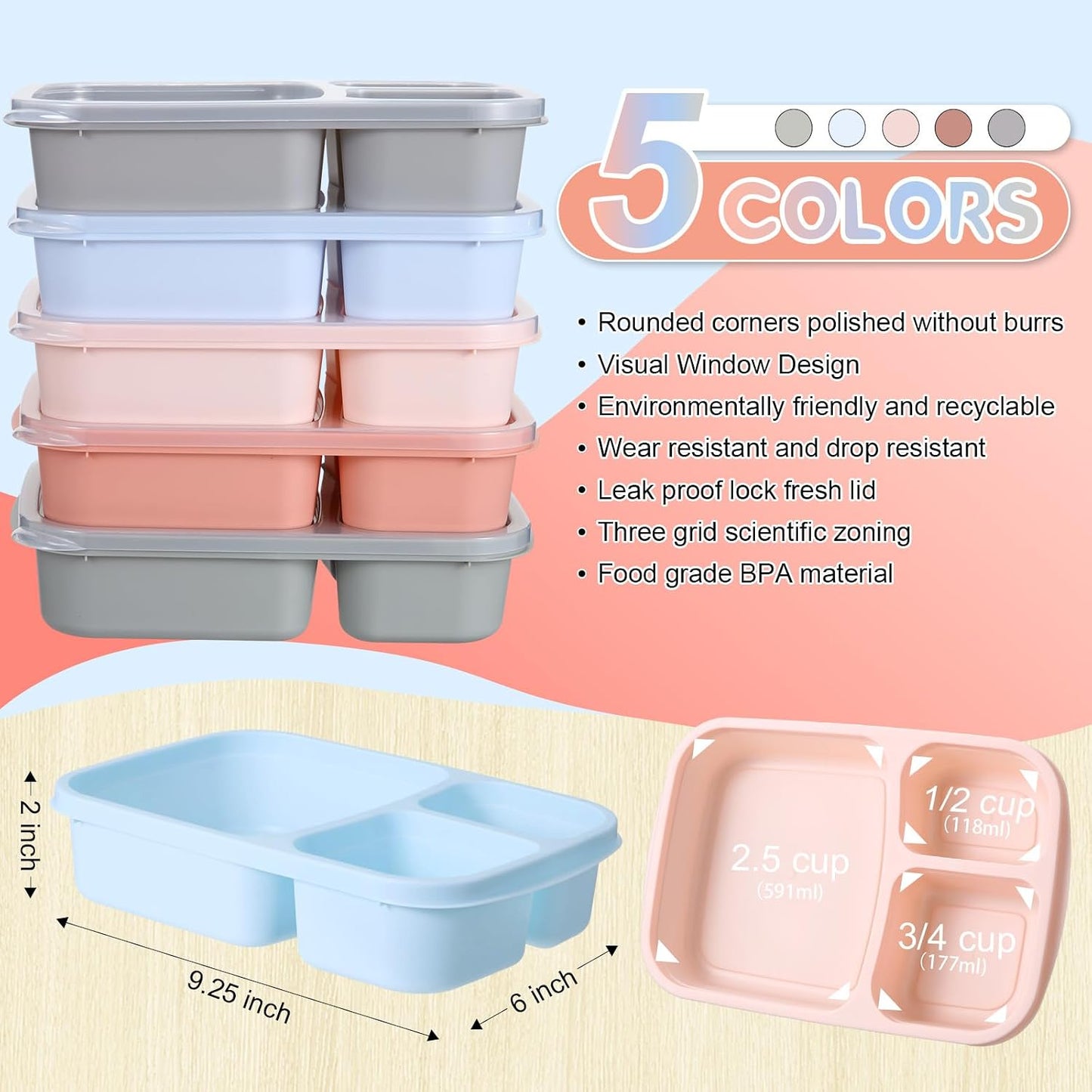 Honeydak 5 Pack Snack Containers 3 Compartment Bento Snack Boxes Divided Meal Prep Containers with Lids Reusable Adults Lunch Food Storage Box for School Work Travel(Elderberry)