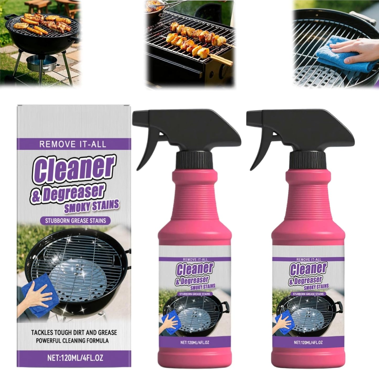 Fast-Acting Heavy-Duty Grill Degreaser Spray, 120 ML BBQ Grill Cleaning Spray Degreaser Cleaner Heavy Duty for Outdoor Grills Ovens & Grates (2pcs)