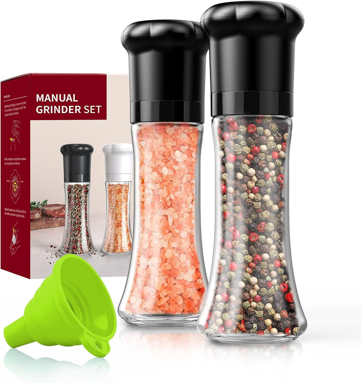 CIRCLE JOY Premium Manual Salt and Pepper Grinder Set, Refillable Salt and Pepper Shakers with Ceramic Blades, Adjustable Coarseness and BPA-free 180ml Glass Container, Tall Black White