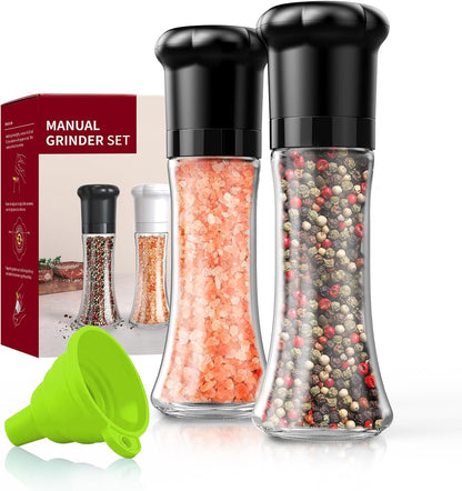 CIRCLE JOY Premium Manual Salt and Pepper Grinder Set, Refillable Salt and Pepper Shakers with Ceramic Blades, Adjustable Coarseness and BPA-free 180ml Glass Container, Tall Black White