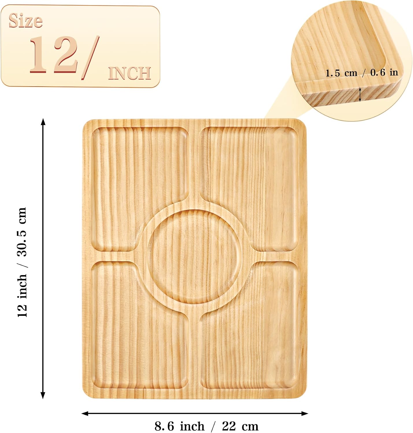Divided Wood Serving Tray, Rectangular Tray Chip and Dip Platter, Serving Tray with 5 Sections for Appetizers & Snacks, Veggie Platter, Food Trays for Party 12'' x 8.7'' x 0.6''