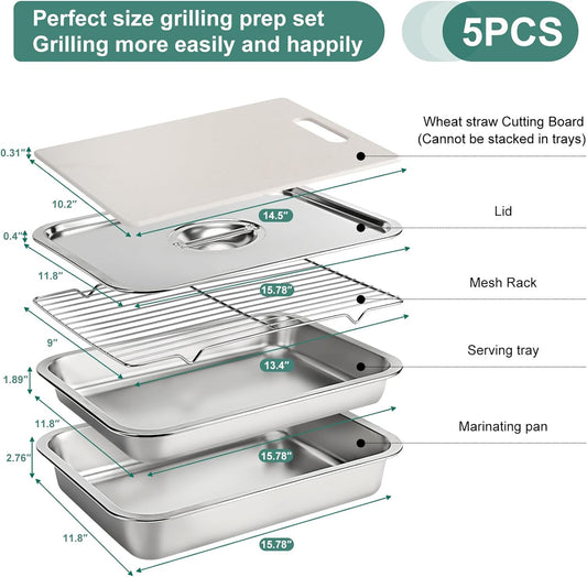 Stainless Steel BBQ Grilling Prep and Serve Tray Set, Food Preparation Container with Lid, Cutting Board, Wire Rack and Marinade Pan for Outdoor Cooking,Grill Gifts for Grill Lovers