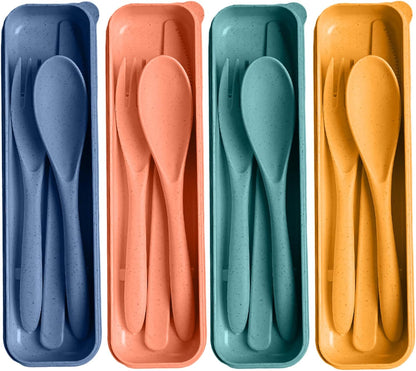 Travel Utensils with Case, 2 Sets Reusable Utensils Set with Case, Wheat Straw Utensils for Lunch Box Accessories, Camping Utensil Set for School Work Lunch or Daily Use（Black）