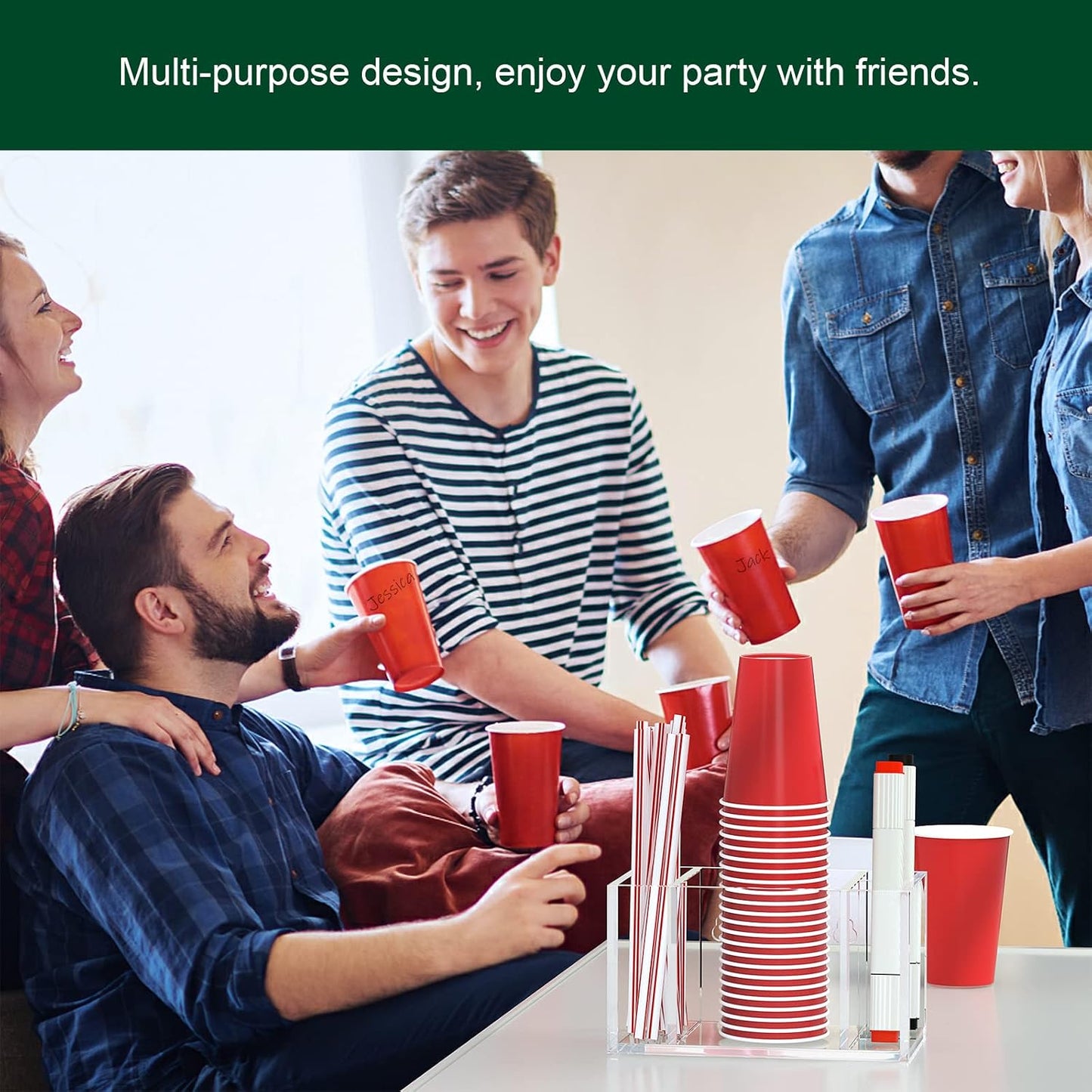 Double Cup Holder with Marker Slot, Party Cup Dispenser Acrylic Cup Organizer Mark Your Cup and Drink Up Caddy Modern Bar Counter Decor, Clear